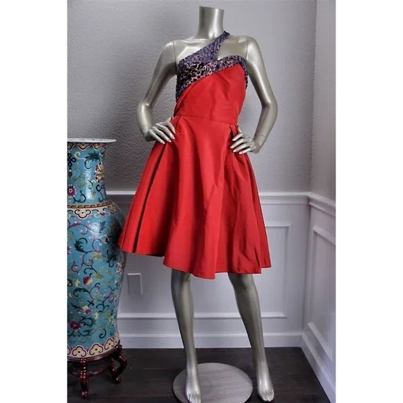 $2640 New CAROLINA HERRERA Red Silk Taffeta Leopard Cocktail Dress 8